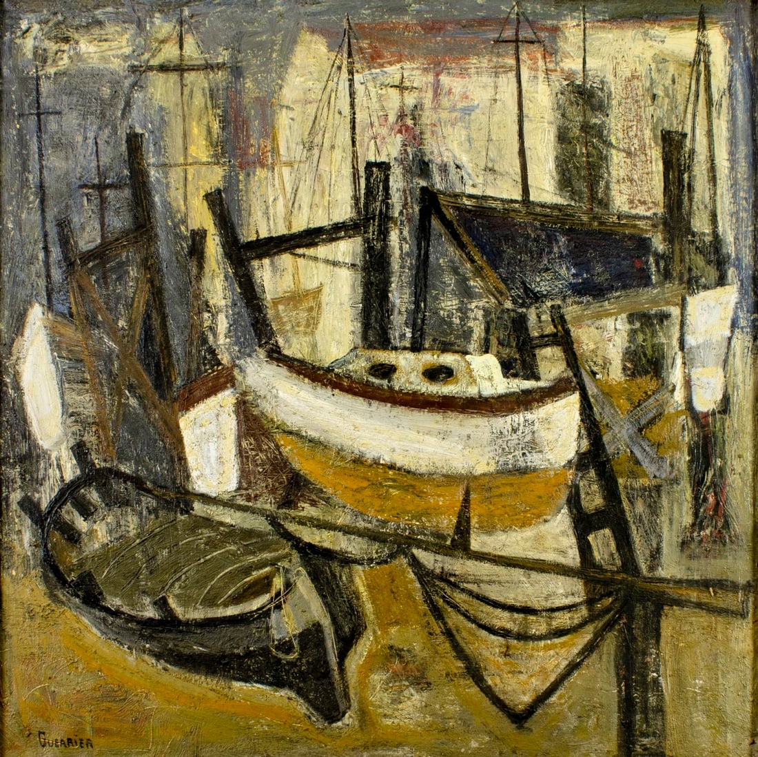 Raymond Guerrier (France,1920-2002) oil painting: ARTIST: Raymond Guerrier (French, 1920 - 2002) TITLE: Harbor Scene MEDIUM: oil on canvas CONDITION: Few small paint losses. No visible inpaint under UV light. ART SIZE: 35 x 35 inches / 88 x 88 cm FRA