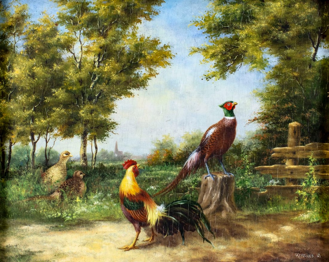 A Kerekes (Hungary,mid 20C) oil painting: ARTIST: A Kerekes (Hungarian, mid 20 century) TITLE: Pheasant, Rooster and Partridges MEDIUM: oil on board CONDITION: Some small surface cracks. Minor paint losses along edges. No visible inpaint unde