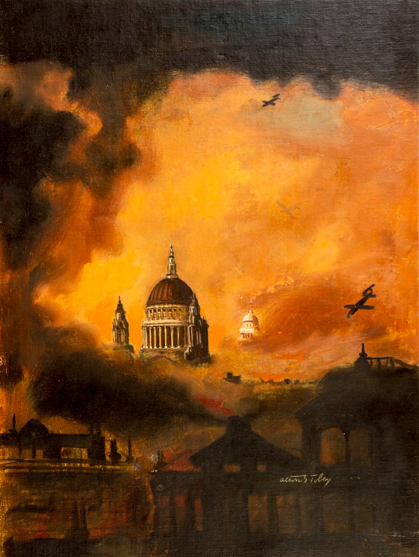 Alton Tobey (CT,1914-2005) oil painting: ARTIST: Alton Stanley Tobey (Connecticut, 1914 - 2005) TITLE: Buzz Bombs Hitting London (titled on verso) MEDIUM: oil on canvas board CONDITION: Few small faint scratches by the lower right corner. No