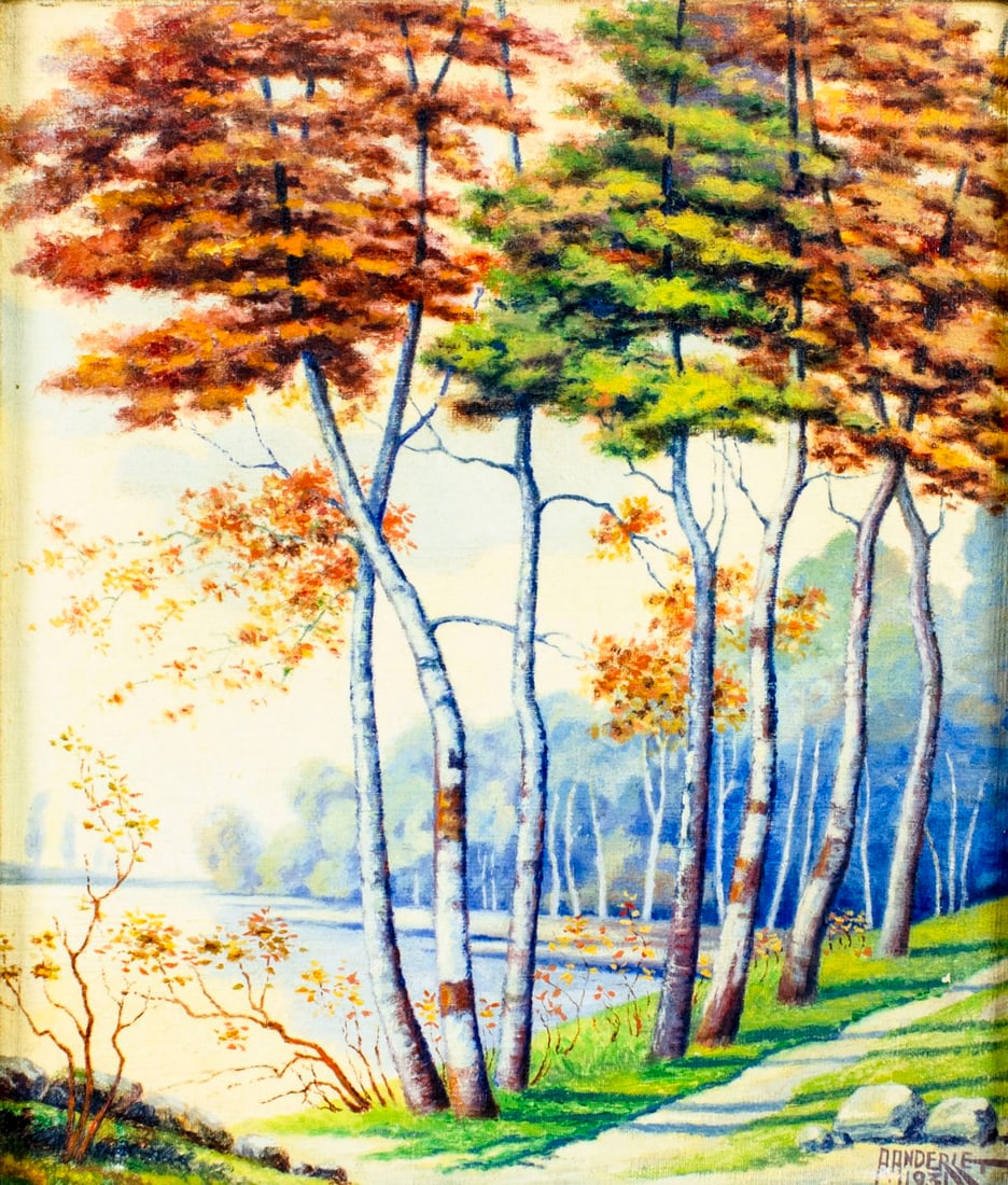 A Anderlet (US,early 20C) oil painting antique: ARTIST: A Anderlet (American, early 20 century) TITLE: Lake Landscape YEAR: 1931 MEDIUM: oil on canvas board CONDITION: Missing a few flakes of paint. No visible inpaint under UV light. ART SIZE: 14 x
