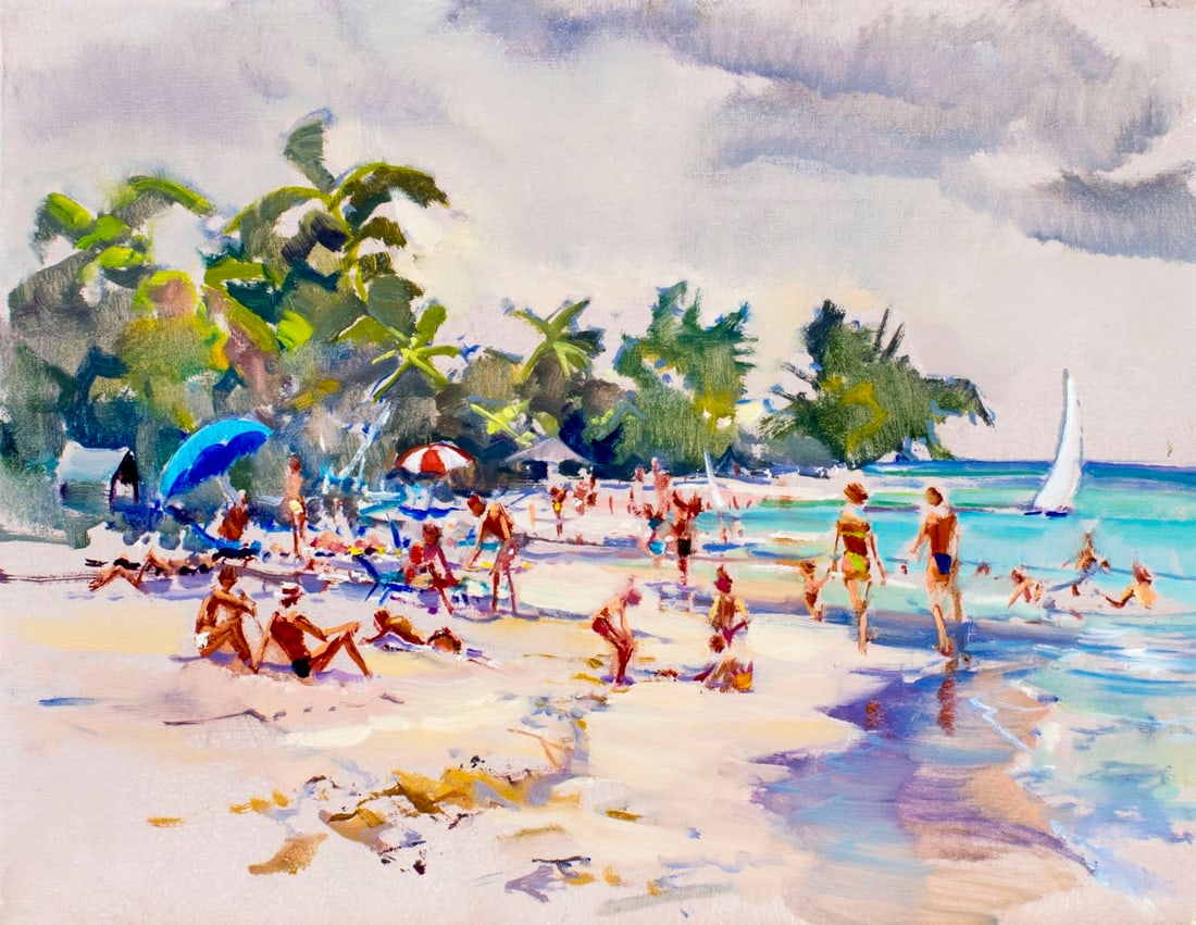 Peter Williams (NY,New Zealand,1934-2018) oil painting: ARTIST: Peter Williams (New York, New Zealand, 1934 - 2018) TITLE: Beach Scene MEDIUM: oil on canvas CONDITION: Very good. No visible inpaint under UV light. ART SIZE: 14 x 18 inches / 35 x 45 cm FRAM