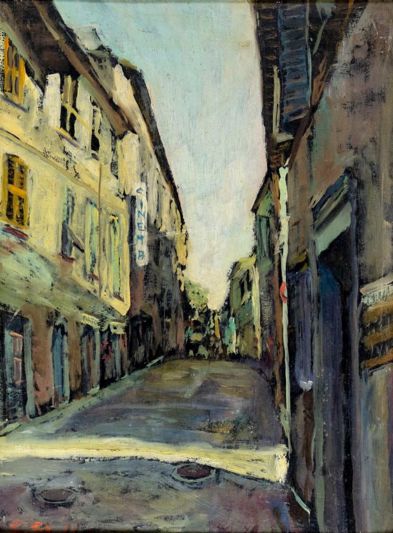 G Stella (Europe,20C) oil painting: ARTIST: G Stella (European, 20 century) TITLE: Cityscape MEDIUM: oil on board CONDITION: Minor scratches/paint losses. Very minor craquelure. No visible inpaint under UV light. Some small damages to f