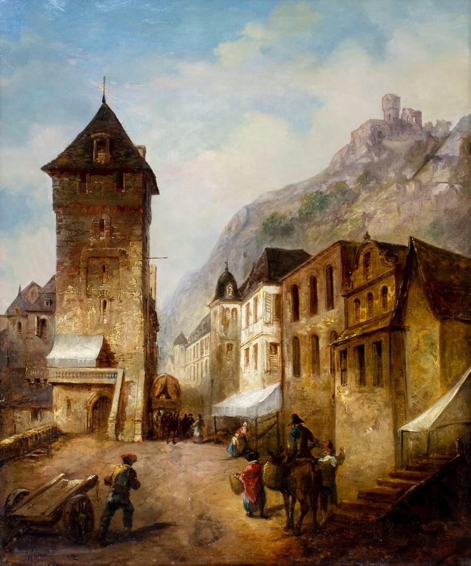 William Dommersen (Dutch,1850-1927) oil painting antique: ARTIST: William Raymond Dommersen (Netherlands, 1850 - 1927) TITLE: Cityscape - Street Chamonix, France MEDIUM: oil on canvas CONDITION: Relined. One minor scratch/paint loss. Some craquelure. Some sc