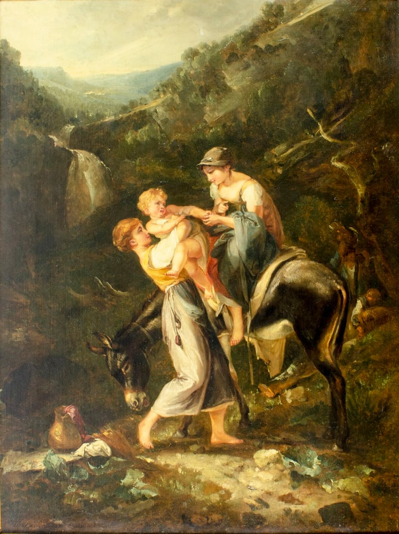 Thomas Barker of Bath (UK,1769-1847) oil painting antique: ARTIST: Thomas Barker of Bath (United Kingdom, 1769 - 1847) TITLE: Outdoor Scene YEAR: 1809 MEDIUM: oil on canvas CONDITION: Relined. Missing a few flakes of paint. Some craquelure. Some scattered inp