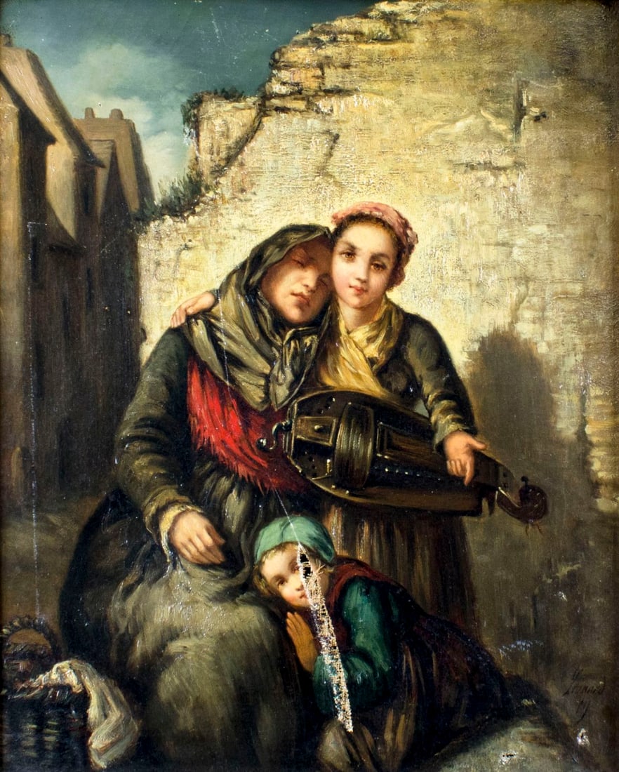 Jules Leonard (Belgium,1827-1897) oil painting antique: ARTIST: Jules Leonard (Belgian, 1827 - 1897) NAME: Untitled MEDIUM: oil on canvas CONDITION: One tear 4 1/2" long (see pictures carefully). One puncture. Few faint scratches. Some stable craquelure. N