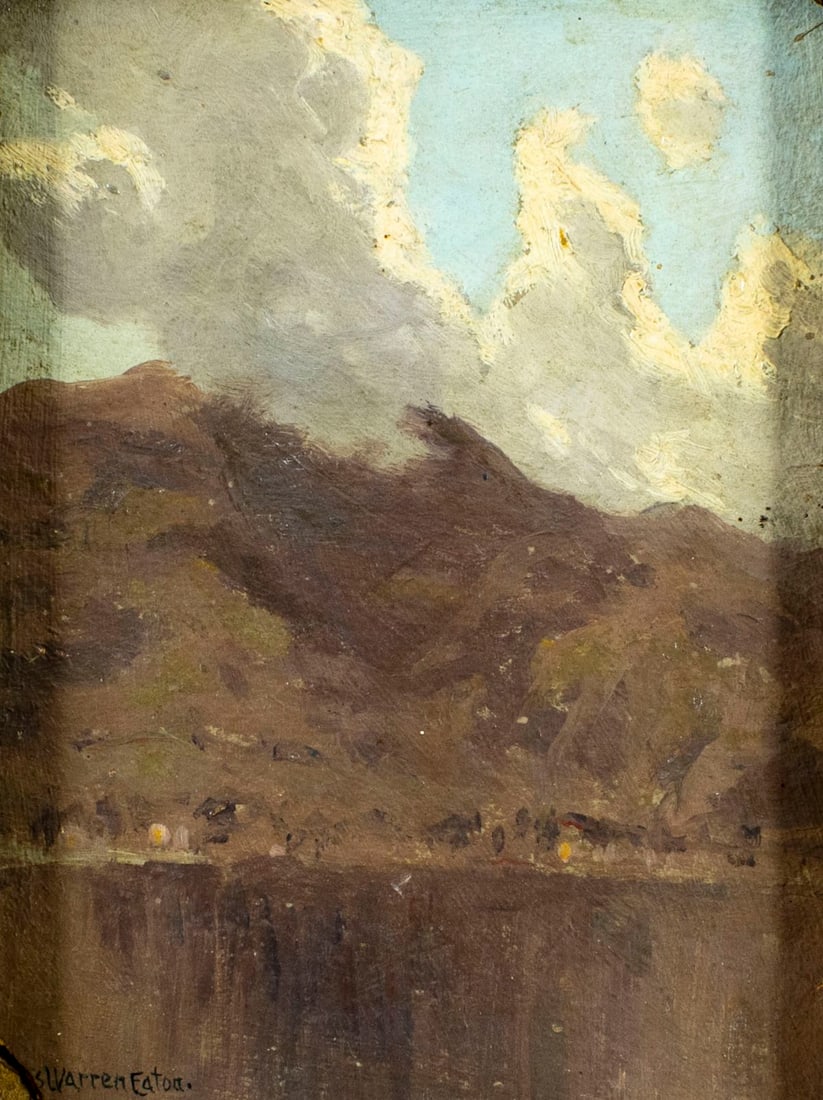 Charles Warren Eaton (NY,NJ,Dutch,1857-1937) oil painting antique: ARTIST: Charles Warren Eaton (New York, New Jersey, Netherlands, 1857 - 1937) TITLE: Mountain Lake Landscape MEDIUM: oil on board. Board applied to newer board. CONDITION: Some damages to lower left a