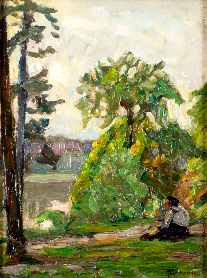 Otto Antoine (German,1865-1951) oil painting antique: ARTIST: Otto Antoine (Germany, 1865 - 1951) NAME: Landscape with sitting Figure MEDIUM: oil on canvas board CONDITION: Very good. No visible inpaint under UV light. SIGHT SIZE: 12 x 9 inches / 30 x 22