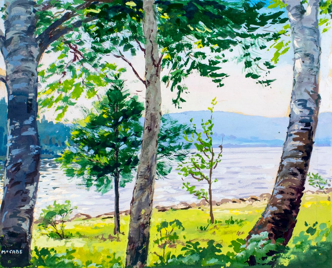McCabe (US,mid 20C) watercolor painting: ARTIST: McCabe (American, mid 20 century) TITLE: Lake Landscape MEDIUM: gouache on cardboard CONDITION: Very good. Minor age toning. ART SIZE: 8 x 9 inches / 20 x 22 cm FRAME SIZE: 11 x 11 inches / 27