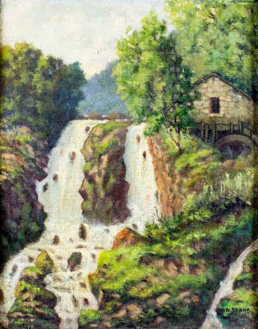 William A Drake (Canada,1891-1979) oil painting: ARTIST: William Alexander Drake (Canadian, 1891 - 1979) NAME: Waterfall Landscape MEDIUM: oil on canvas board CONDITION: Minor damages to edges. No visible inpaint under UV light. SIGHT SIZE: 14 x 11