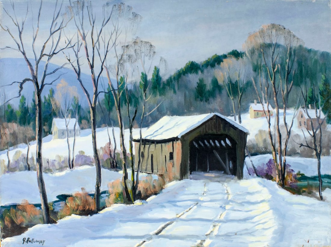 George Holloway (NJ,20C) oil painting: ARTIST: George Holloway (New Jersey, 20 century) TITLE: Winter Landscape MEDIUM: oil on canvas CONDITION: Overall good. No visible inpaint under UV light. Normal wear along edges. ART SIZE: 18 x 24 in