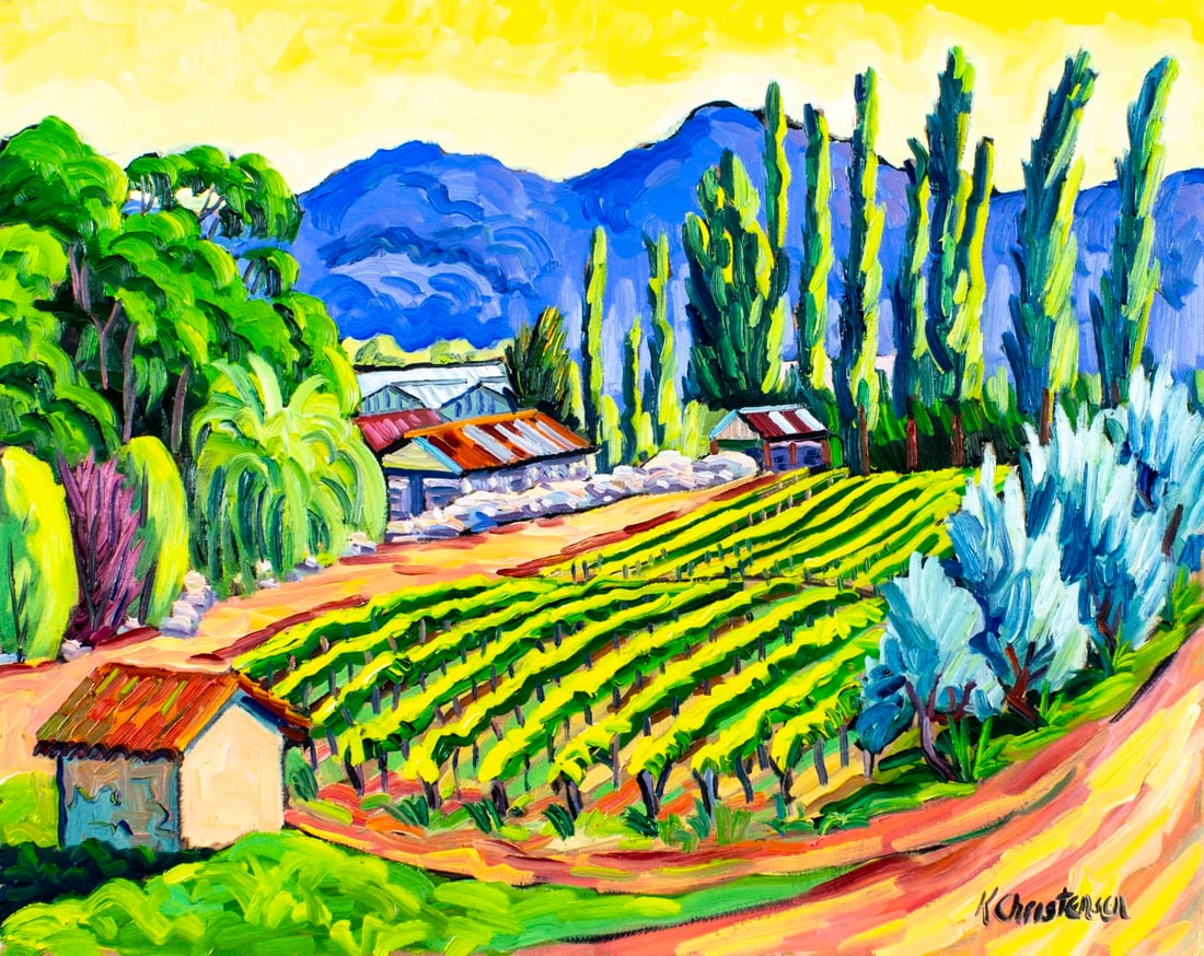 Ken Christensen (MI,CA,OH,b 1951) oil painting: ARTIST: Ken Christensen (Michigan, California, Ohio, born 1951) TITLE: Landscape - Vineyard, Yellow Sky (titled on verso) MEDIUM: oil on canvas CONDITION: Few small paint losses. No visible inpaint un