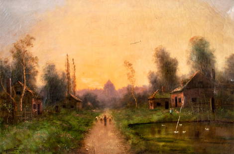 Nils Hans Christiansen (Danish,Dutch,1850-1922) oil painting antique: ARTIST: Nils Hans Christiansen (Denmark, Netherlands, 1850 - 1922) TITLE: Sunset Country Landscape MEDIUM: oil on canvas CONDITION: Two patches. Some scratches/paint losses. Some craquelure. Few scatt