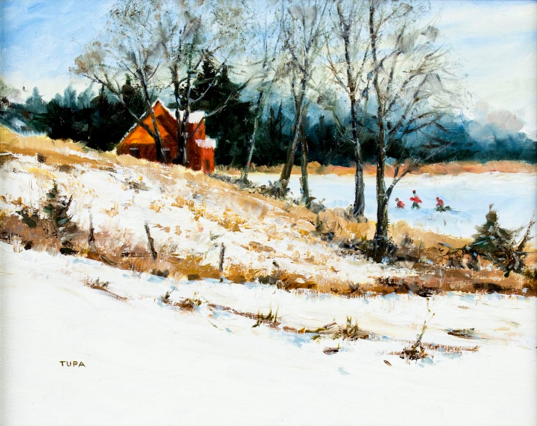 John Jerome Tupa (IL,AZ,1928-2004) oil painting: ARTIST: John Jerome Tupa (Illinois, Arizona, 1928 - 2004) TITLE: Winter Landscape MEDIUM: oil on canvas. Canvas applied to board. CONDITION: Very good. No visible inpaint under UV light. ART SIZE: 11 