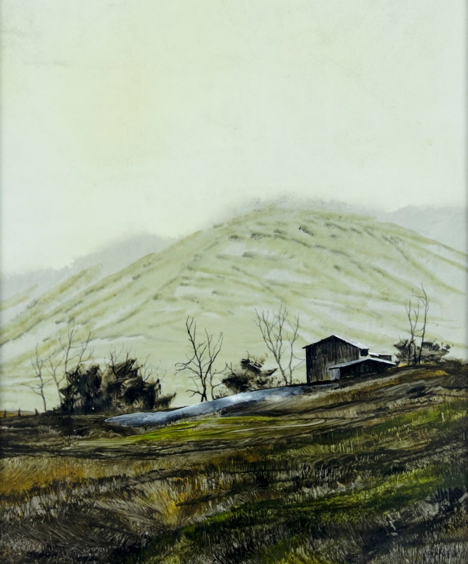 Don Hornberger (NY,1921-2006) acrylic painting: ARTIST: Don Hornberger (New York, 1921 - 2006) TITLE: Landscape MEDIUM: acrylic on board CONDITION: Very good. No visible inpaint under UV light. Framed under the glass. ART SIZE: 12 x 9 inches / 30 x