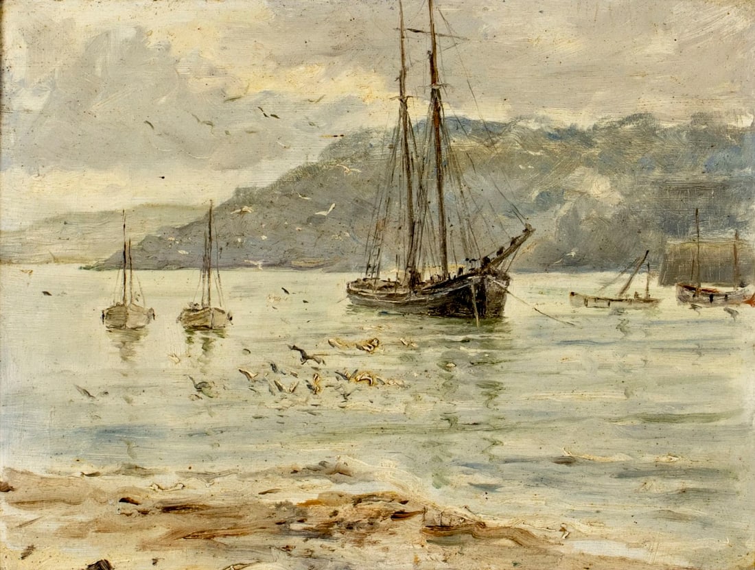 Frederick R Fitzgerald (UK,1897-1938) oil painting antique: ARTIST: Frederick R Fitzgerald (United Kingdom, 1897 - 1938) TITLE: Harbor Scene YEAR: 1915 MEDIUM: oil on board CONDITION: Missing a few flakes of paint. Very minor craquelure. Some scattered inpaint