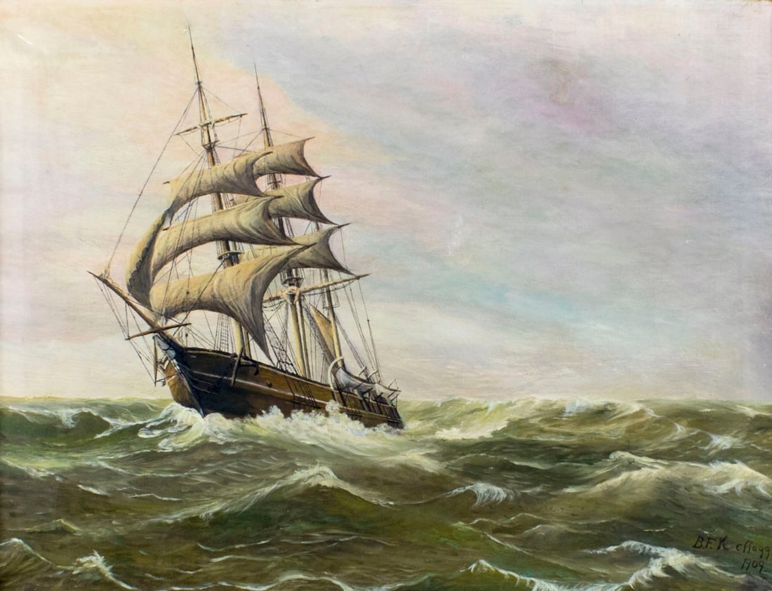 B F Kellogg (US,19/20C) oil painting antique: ARTIST: B F Kellogg (American, 19/20 centuries) TITLE: Sail Ship YEAR: 1909 MEDIUM: oil on canvas CONDITION: One patch repair with corresponding inpainting. One puncture. One 1" long scratch in upper 