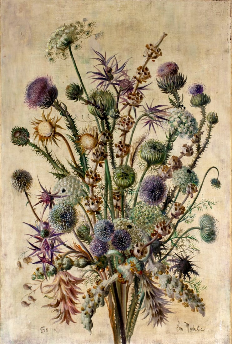 Ann Medalie (CA,Latvia,Israel,1896-1991) oil painting: ARTIST: Ann Sonia Medalie (California, Latvian, Israeli, 1896 - 1991) TITLE: Still Life with Thistles MEDIUM: oil on canvas CONDITION: One patch. Some scratches/paint losses. Some scattered inpainting