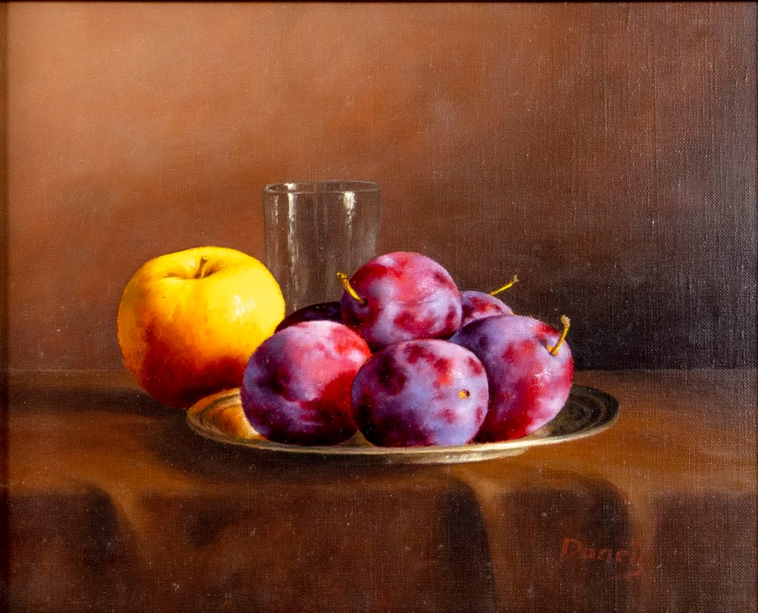Jean Marie Daneis (France,b 1944) oil painting: ARTIST: Jean Marie Daneis (French, born 1944) TITLE: Still Life with Fruit and Glass MEDIUM: oil on canvas CONDITION: Very good. No visible inpaint under UV light. Small damages to frame. ART SIZE: 9 