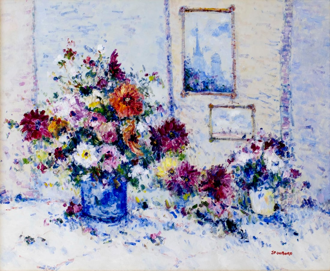 Jean Pierre Dubord (France,b 1949) oil painting: ARTIST: Jean Pierre Dubord (French, born 1949) TITLE: Still Life with Vases of Flowers MEDIUM: oil on canvas CONDITION: Very good. No visible inpaint under UV light. Wear to frame. ART SIZE: 20 x 24 i