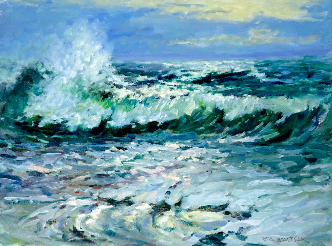 Robert Waltsak (NJ,b 1944) oil painting: ARTIST: Robert Alan Waltsak (New Jersey, born 1944) TITLE: Stormy Seascape MEDIUM: oil on canvas CONDITION: Very good. No visible inpaint under UV light. Normal wear along e