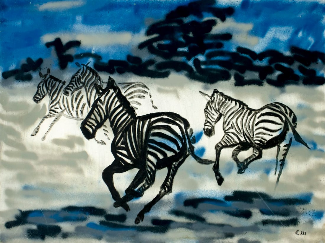 Evelyn Metzger (NY,Brazil,1911-2007) oil painting: ARTIST: Evelyn Borchard Metzger (New York, Brazilian, 1911 - 2007) TITLE: Running Zebras MEDIUM: oil on board CONDITION: Some small scratches/paint losses. No visible inpa
