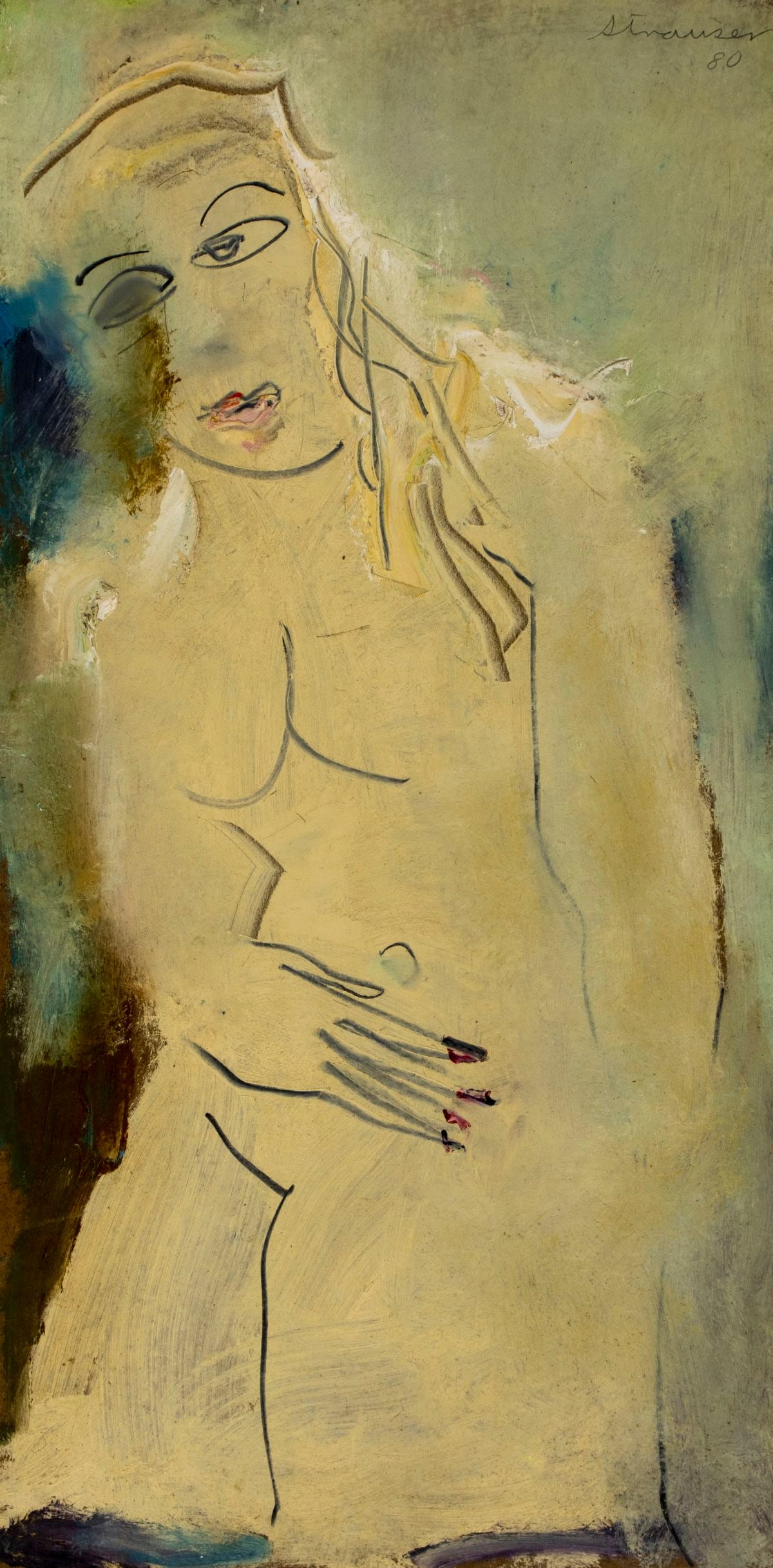 Sterling Strauser (PA,1907-1995) oil painting: ARTIST: Sterling Boyd Strauser (Pennsylvania, 1907 - 1995) TITLE: Nude YEAR: 1980 MEDIUM: oil on board CONDITION: Minor scratches/paint losses mostly a