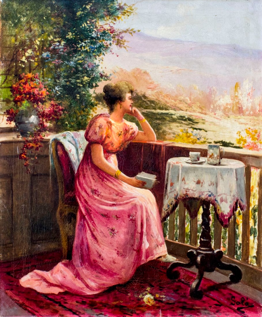 Sola (Spain,19C) oil painting antique: ARTIST: Sola (Spanish, 19 century) TITLE: Love Letter MEDIUM: oil on canvas CONDITION: Relined. Few minor paint losses. Some craquelure. Few scattered inpaintings (biggest 1