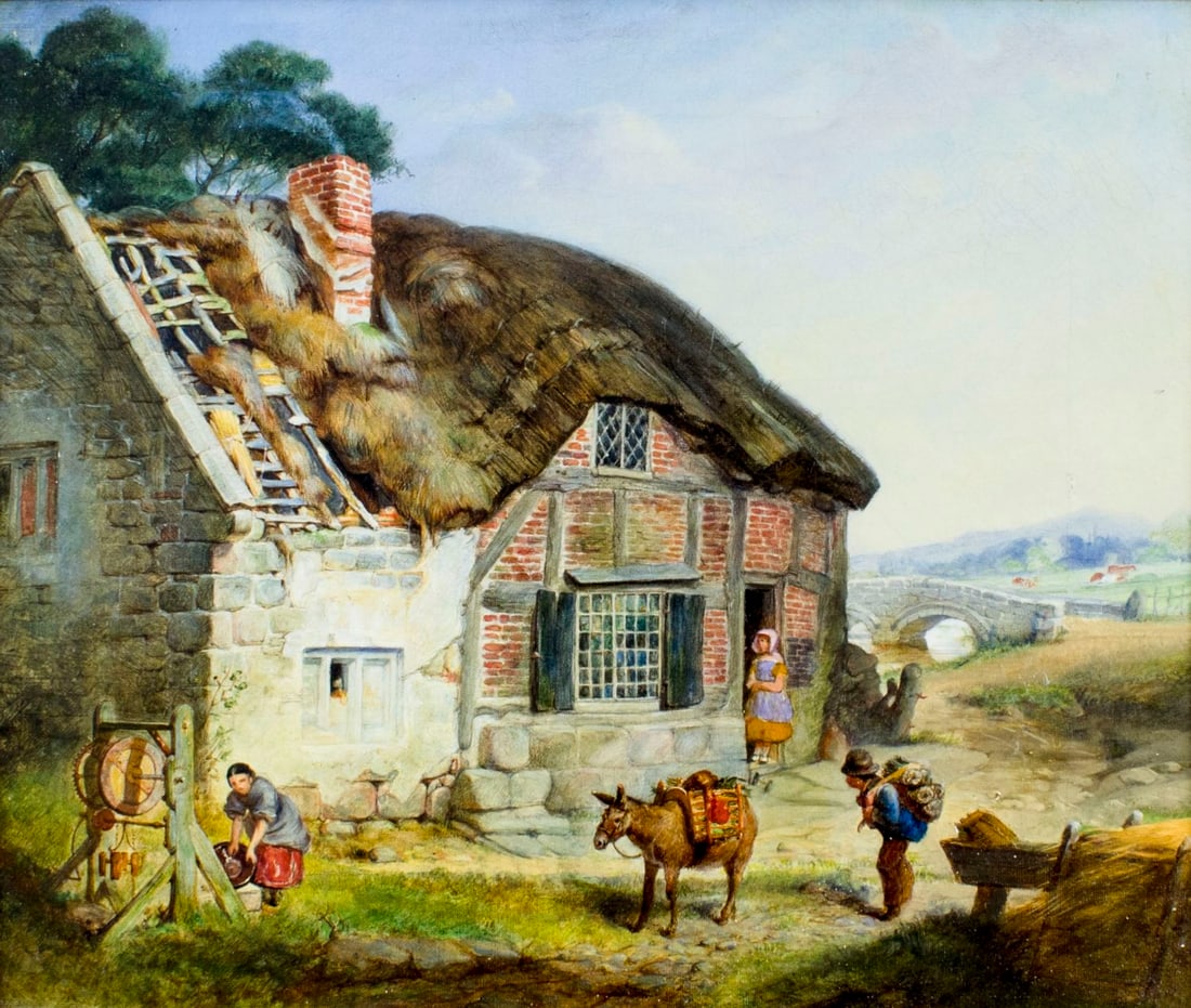 Antique 19C British oil painting: ARTIST: - (United Kingdom, 19 century) NAME: Village Scene MEDIUM: oil on canvas CONDITION: Minor craquelure. No visible inpaint under UV light. SIGHT SIZE: 13 x 16 inches / 33 x 40 cm