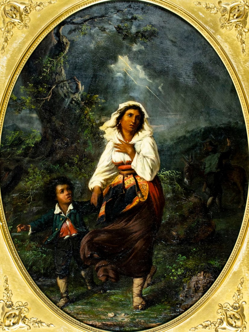 Ludovico Accarisi (Italy,19C) oil painting antique: ARTIST: Ludovico Accarisi (Italian, 19 century) TITLE: The Tempest YEAR: 1862 MEDIUM: oil on canvas CONDITION: Few small patches. One small paint loss in