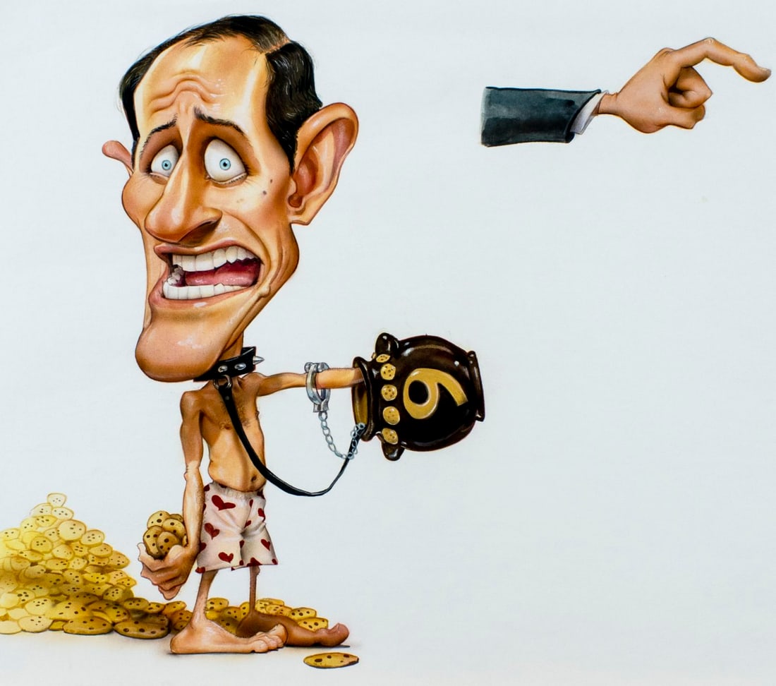 Gary Locke (MO,b 1963) gouache painting: ARTIST: Gary Locke (Missouri, born 1963) TITLE: Eliot Spitzer YEAR: 1995 MEDIUM: gouache and watercolor on paper CONDITION: Few small tears to edges.