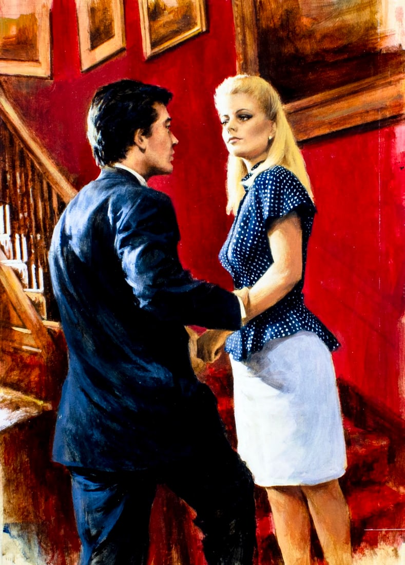 Len Thurston (UK,1934-2015) oil painting: ARTIST: Len Thurston (United Kingdom, 1934 - 2015) TITLE: Illustration - Blood and Wine MEDIUM: oil on board CONDITION: Few scratches. No visible inpaint under UV light.