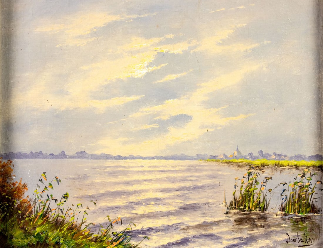 D Jacker (US,mid 20C) oil painting: ARTIST: D Jacker (American, mid 20 century) TITLE: Lake Landscape MEDIUM: oil on canvas CONDITION: Few minor paint losses mostly in lower left corner. Some craquelure. No vi