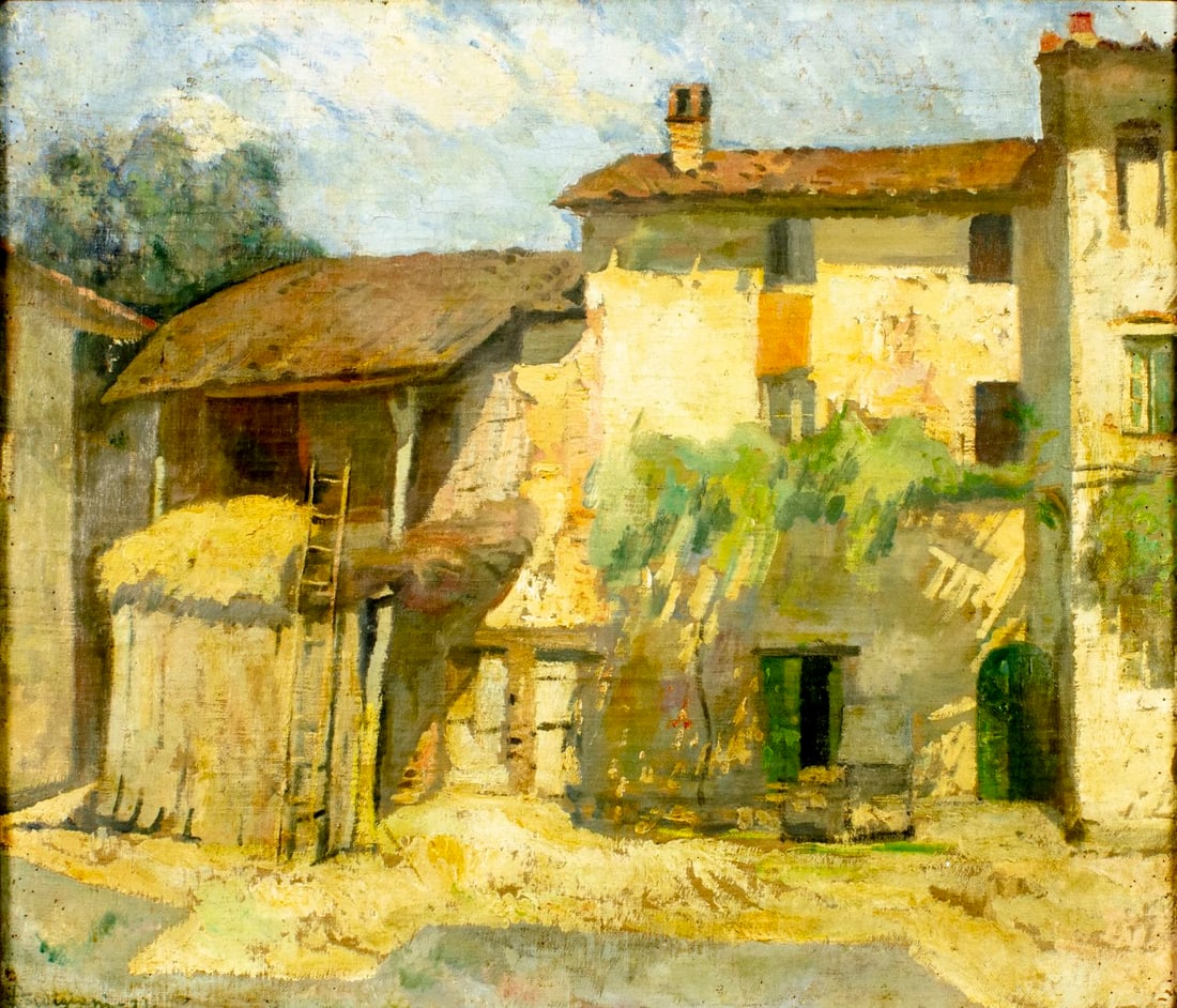 Edoardo Gordigiani (NY,Italy,France,1866-1961) oil painting antique: ARTIST: Edoardo Gordigiani (New York, Italian, French, 1866 - 1961) TITLE: Town Scene MEDIUM: oil on canvas CONDITION: Some nail holes mostly along edges. Some small paint