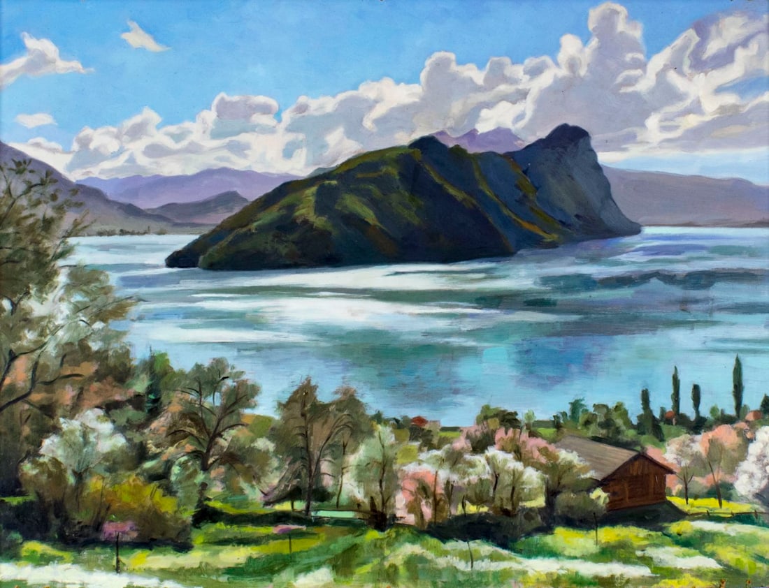 Antique mid 20C French oil painting: ARTIST: - (France, mid 20 century) NAME: Lake Landscape MEDIUM: oil on board CONDITION: Minor paint losses along edges. No visible inpaint under UV light. Wear to frame. SIGHT SIZE: 19 x
