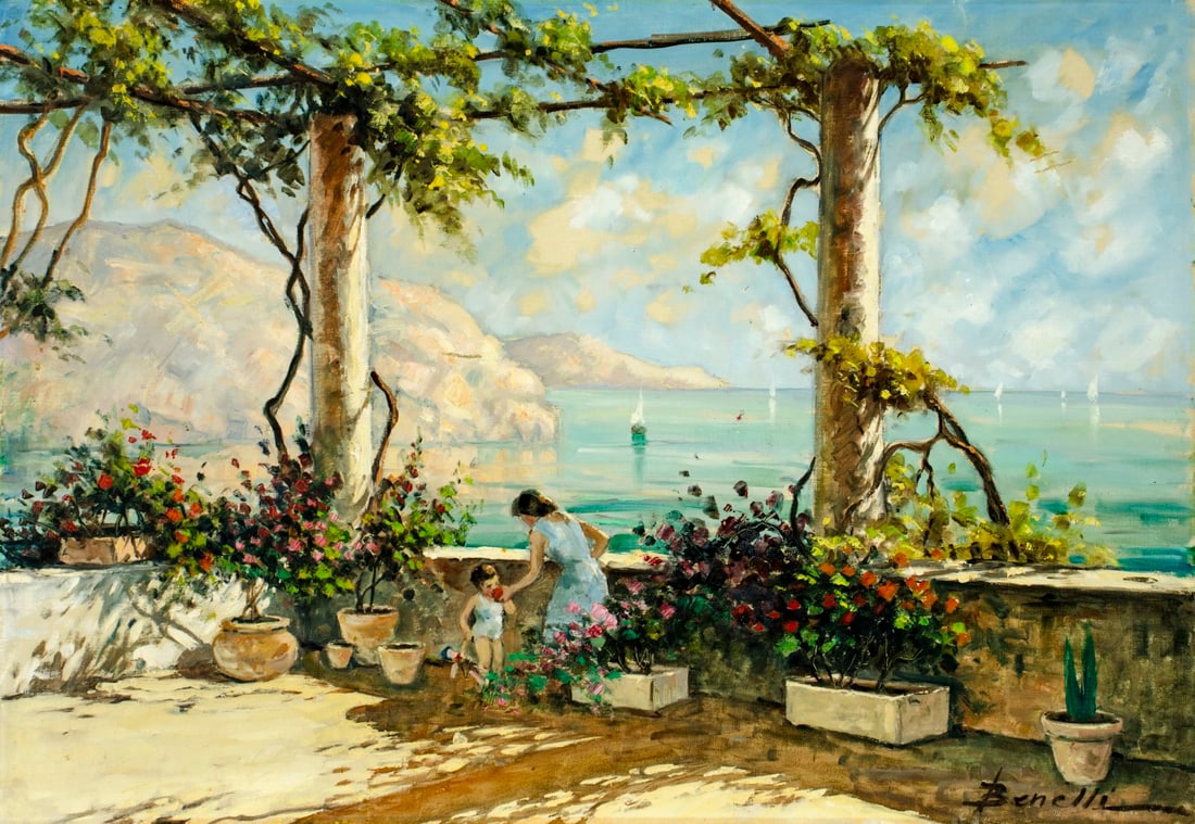 Benelli (Italy,mid 20C) oil painting: ARTIST: Benelli (Italian, mid 20 century) TITLE: Amalfi Coast, Italy MEDIUM: oil on canvas CONDITION: Few patches. Some small scratches/paint losses. No visible inpaint unde