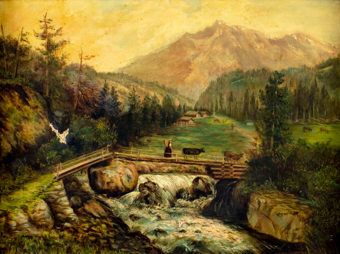 Antique 19C German oil painting: ARTIST: - (Germany, 19 century) TITLE: Alpine Village Landscape MEDIUM: oil on canvas CONDITION: Few pathces. Some paint losses (see pictures carefully). Minor craquelure.