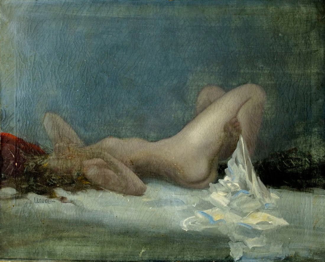 ATTRIB Leon Dolice (NY,1892-1960) oil painting: ARTIST: ATTRIBBUTED TO Leon Louis Dolice (New York, 1892 - 1960) TITLE: Nude MEDIUM: oil on canvas CONDITION: Some small scratches/paint losses. Some craquelure. No visibl