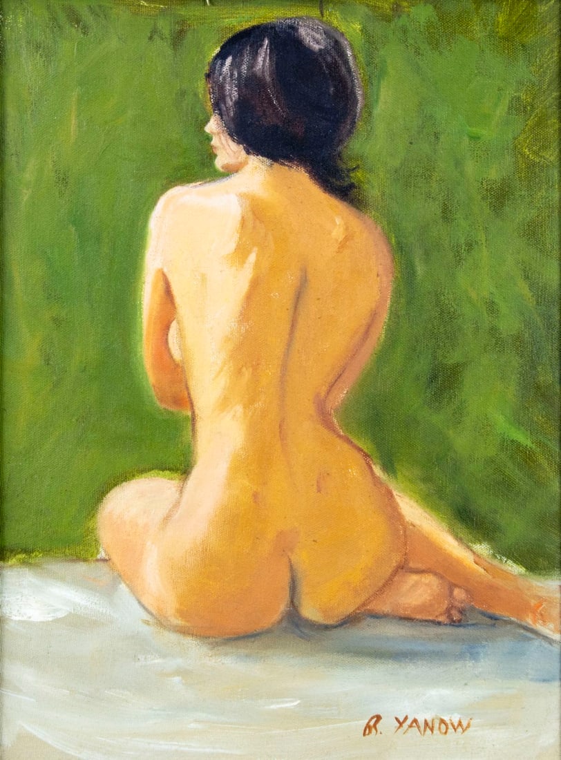 Rhoda Yanow (NJ,20C) oil painting: ARTIST: Rhoda Yanow (New Jersey, 20 century) TITLE: Seated Nude MEDIUM: oil on canvas CONDITION: Very good. No visible inpaint under UV light. Minor damages to frame.