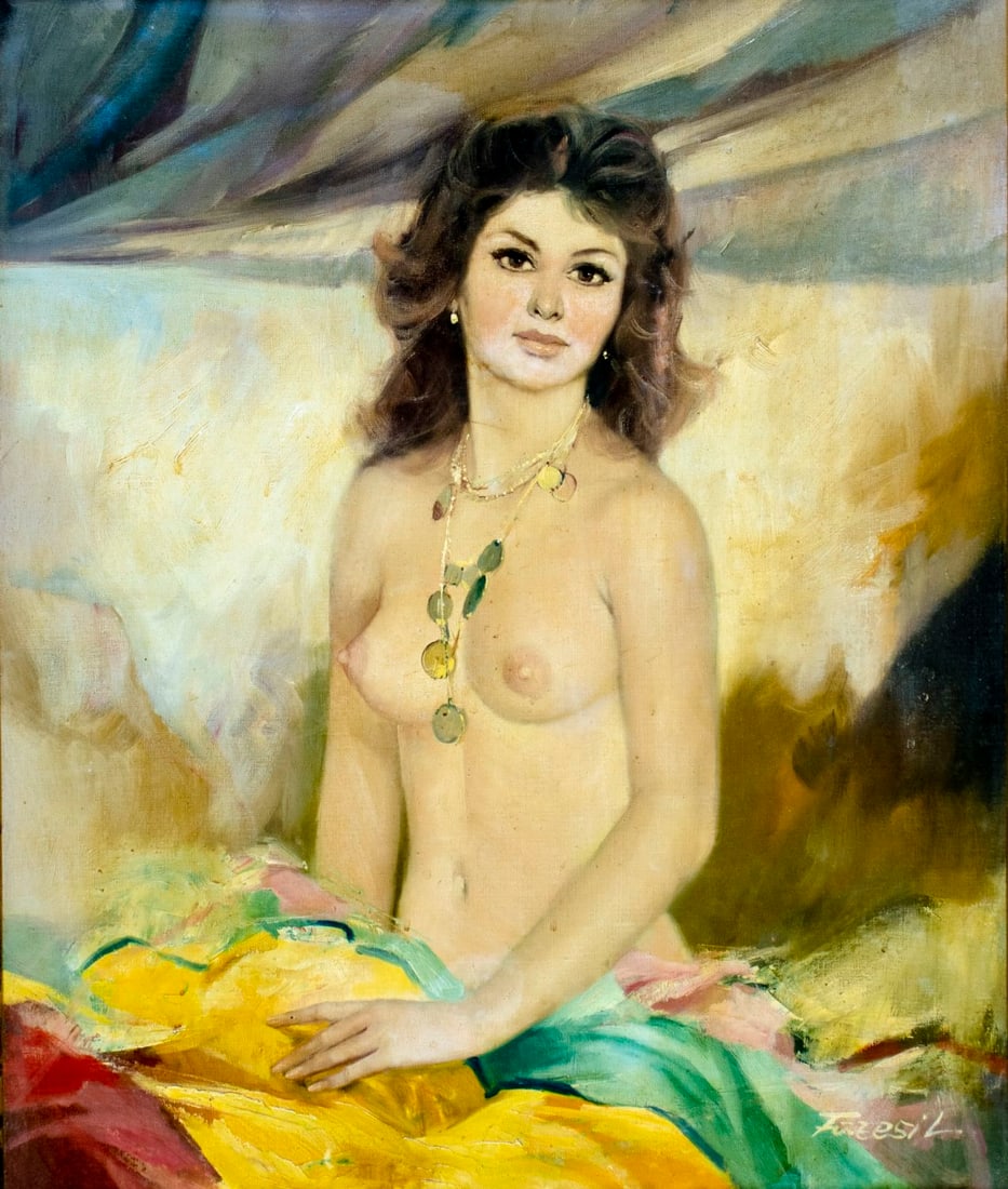 L Fazesi (Hungary,mid 20C) oil painting: ARTIST: L Fazesi (Hungarian, mid 20 century) TITLE: Nude MEDIUM: oil on canvas. Canvas applied to board. CONDITION: Few very minor scratches/paint losses mostly along edges.