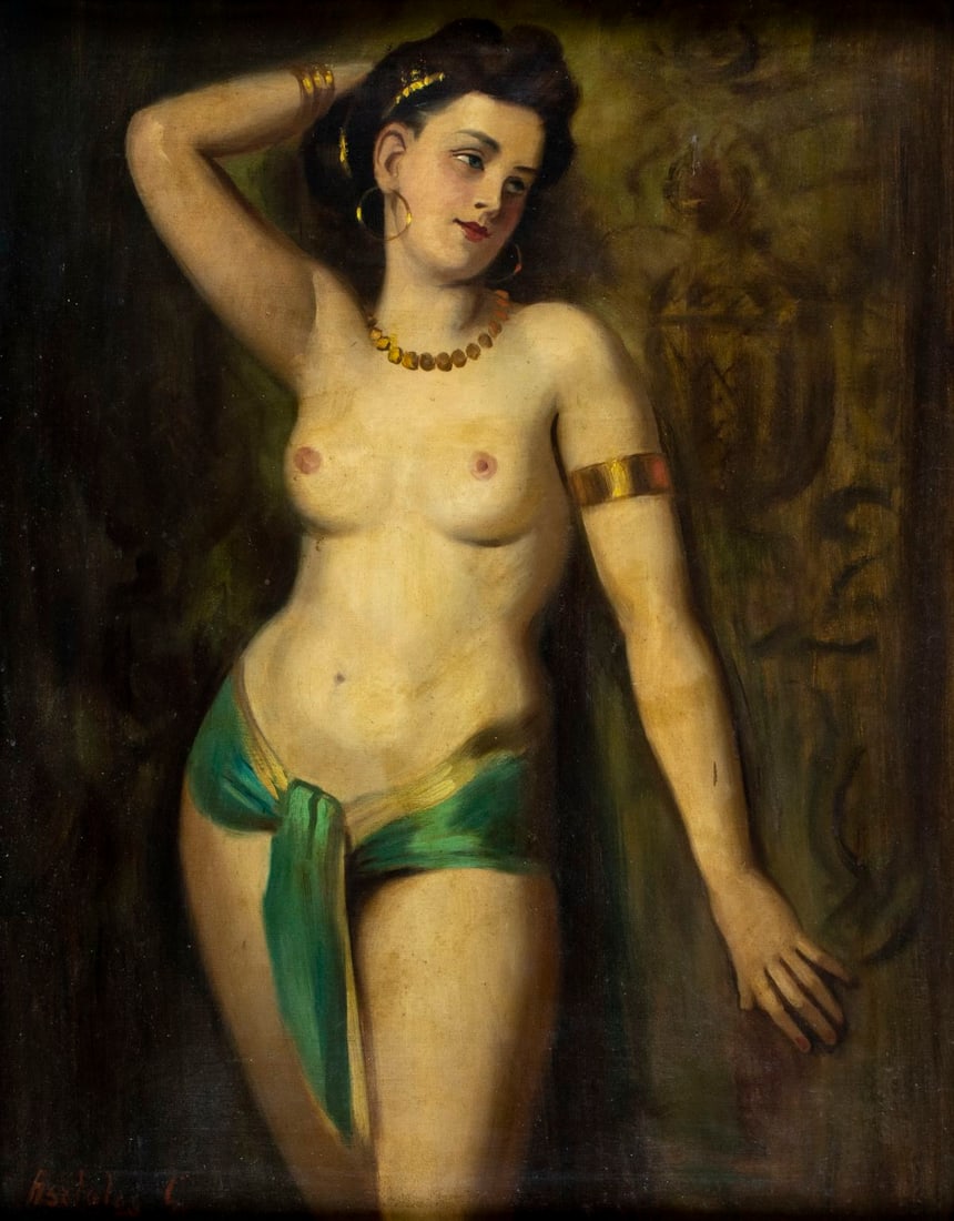 Gyula Asztalos (Hungary,1900-1972) oil painting: ARTIST: Gyula Asztalos (Hungarian, 1900 - 1972) TITLE: Nude Dancer MEDIUM: oil on canvas CONDITION: One small scratch/paint loss by the upper edge. Few minor inpaintings/t