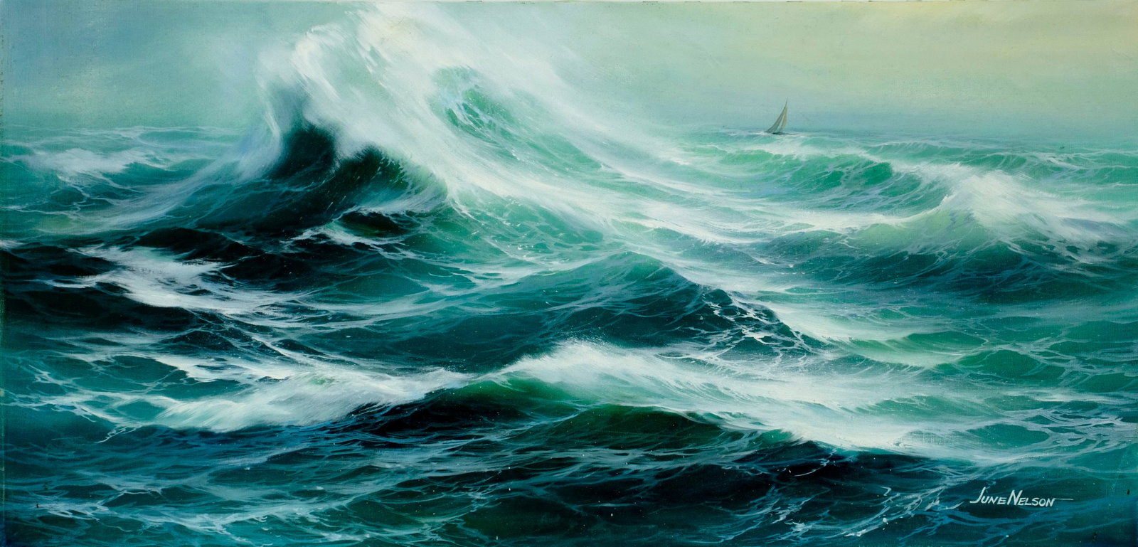 June Nelson (CA,20C) oil painting: ARTIST: June Nelson (California, 20 century) TITLE: Seascape with Sail Boat MEDIUM: oil on canvas CONDITION: Overall good. No visible inpaint under UV light. Normal wear alo
