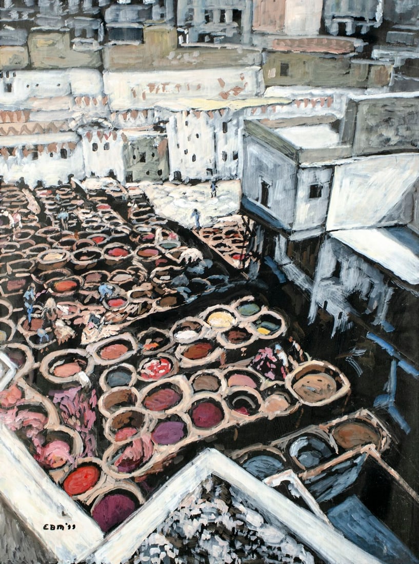Evelyn Metzger (NY,Brazil,1911-2007) oil painting: ARTIST: Evelyn Borchard Metzger (New York, Brazilian, 1911 - 2007) TITLE: Morocco (titled on verso) YEAR: 1999 MEDIUM: oil on board CONDITION: Some min