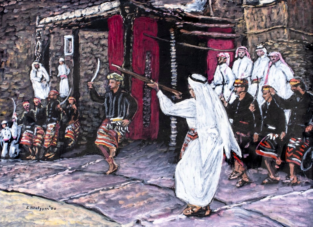 Evelyn Metzger (NY,Brazil,1911-2007) oil painting: ARTIST: Evelyn Borchard Metzger (New York, Brazilian, 1911 - 2007) TITLE: Saudi Arabia (titled on verso) YEAR: 2000 MEDIUM: oil on board CONDITION: Minor