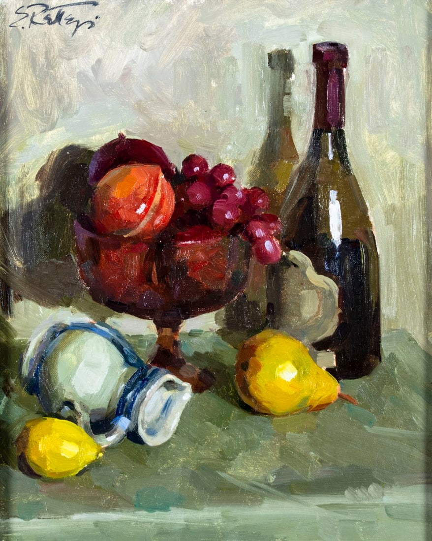 Steven Rettegi (US,Hungary,1932-1999) oil painting: ARTIST: Steven Rettegi (American, Hungarian, 1932 - 1999) TITLE: Still Life with Fruits and Wine MEDIUM: oil on canvas board CONDITION: Few minor paint losses. No visible