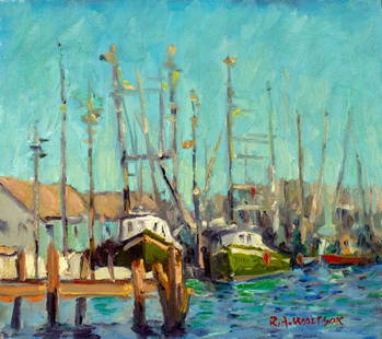 Robert Waltsak (NJ,b 1944) oil painting: ARTIST: Robert Alan Waltsak (New Jersey, born 1944) TITLE: Harbor Scene MEDIUM: oil on canvas board CONDITION: Very good. No visible inpaint under UV light. ART SIZE: 11 x 12 inches / 27 x 30 cm