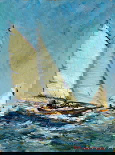 Robert Waltsak (NJ,b 1944) oil painting: ARTIST: Robert Alan Waltsak (New Jersey, born 1944) TITLE: Seascape with Sailboats MEDIUM: oil on canvas board CONDITION: Very good. No visible inpaint under UV light. ART SIZE: 16 x 12 inches / 40 x