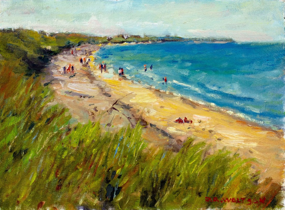 Robert Waltsak (NJ,b 1944) oil painting: ARTIST: Robert Alan Waltsak (New Jersey, born 1944) TITLE: Beach Scene MEDIUM: oil on canvas board CONDITION: Very good. No visible inpaint under UV light. ART SI