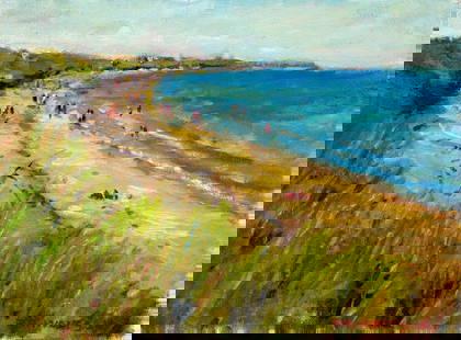 Robert Waltsak (NJ,b 1944) oil painting: ARTIST: Robert Alan Waltsak (New Jersey, born 1944) TITLE: Beach Scene MEDIUM: oil on canvas board CONDITION: Very good. No visible inpaint under UV light. ART SIZE: 12 x 16 inches / 30 x 40 cm FRAME