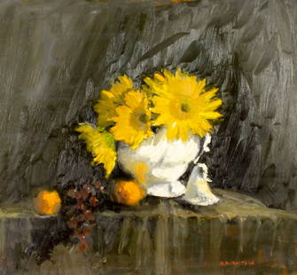 Robert Waltsak (NJ,b 1944) oil painting: ARTIST: Robert Alan Waltsak (New Jersey, born 1944) TITLE: Still Life with Sunflowers and Fruit MEDIUM: oil on board CONDITION: Few faint scratches. No visible inpaint under UV light. ART SIZE: 22 x