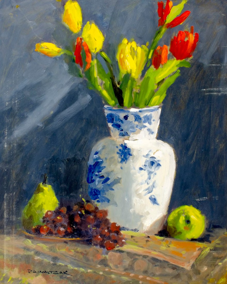 Robert Waltsak (NJ,b 1944) oil painting: ARTIST: Robert Alan Waltsak (New Jersey, born 1944) TITLE: Still Life with Vase of Flowers and Fruits MEDIUM: oil on board CONDITION: Small scratches/paint losses. No visibl